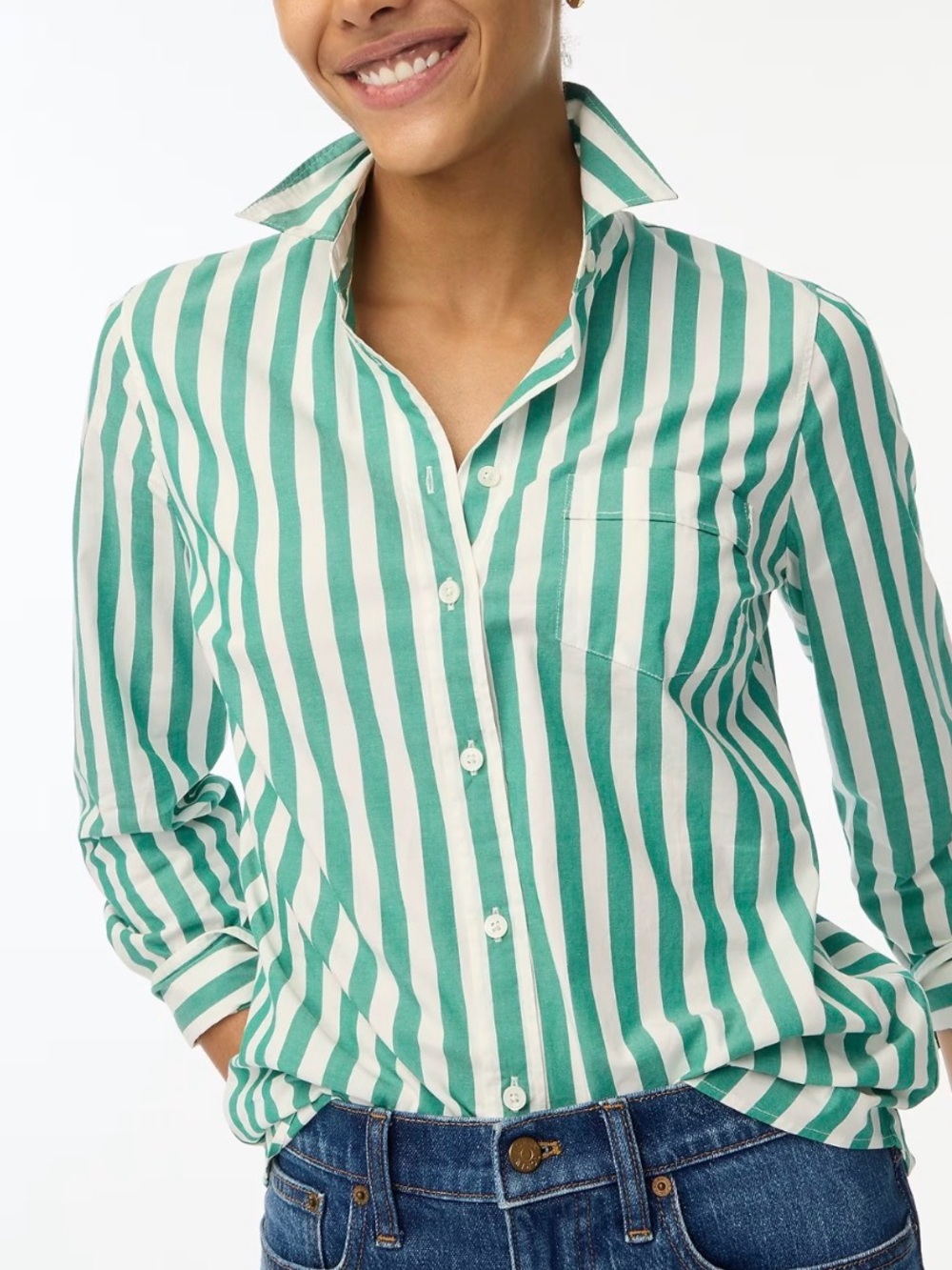 J. Crew Green and White Vertical Stripe Button-Down Shirt